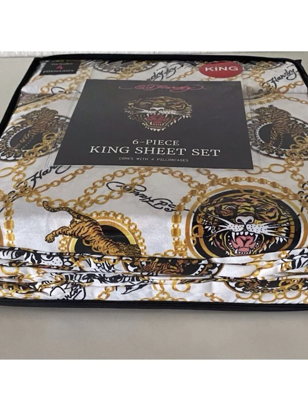 6 Piece Ed Hardy KING Size Sheet Set Americana Asian Tattoo‎ Tiger Print White
